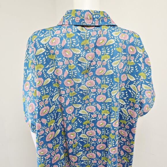 Natural Life Shirt Oversized One Size Blue Kelly Stamped India Floral Button Up - Picture 5 of 7